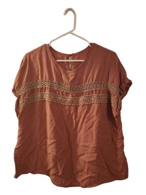SHEIN Rust Short Sleeve Top with Cream Crochet Trim